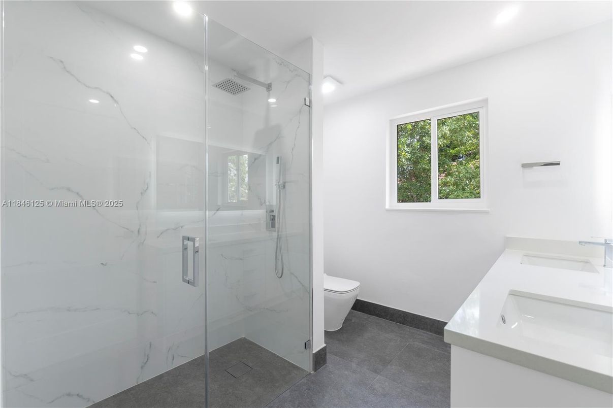 Bathroom, Glass Shower, Interior, Marble Walls, Recessed Lighting