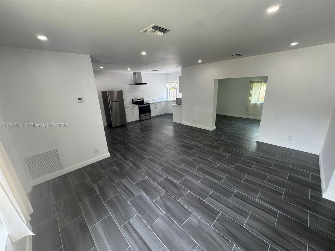 Empty room, Interior, Kitchen, Recessed Lighting, Stainless Steel Appliances