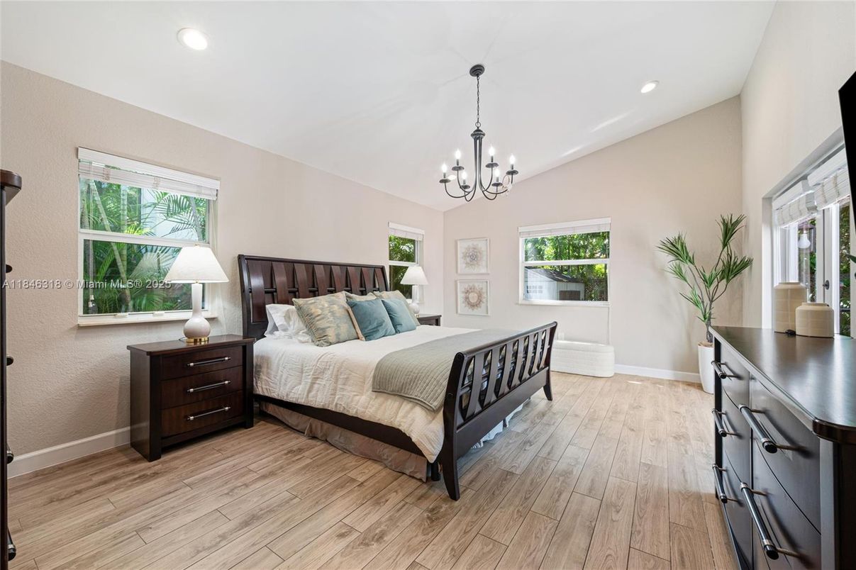 Bedroom, Chandelier, Interior, Recessed Lighting, Wood Texture Flooring