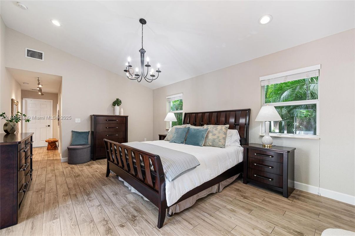 Bedroom, Chandelier, Interior, Recessed Lighting, Wood Texture Flooring