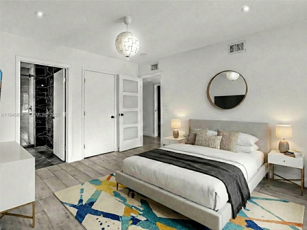 Bedroom, Interior, Recessed Lighting, Wood Texture Flooring