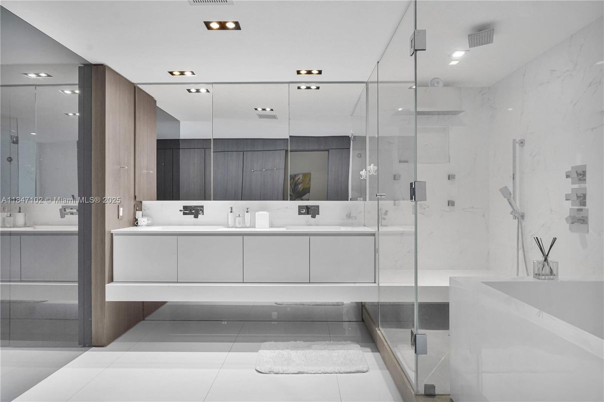 Bathroom, Dual Sink Vanities, Glass Shower, Interior, Marble Walls, Recessed Lighting