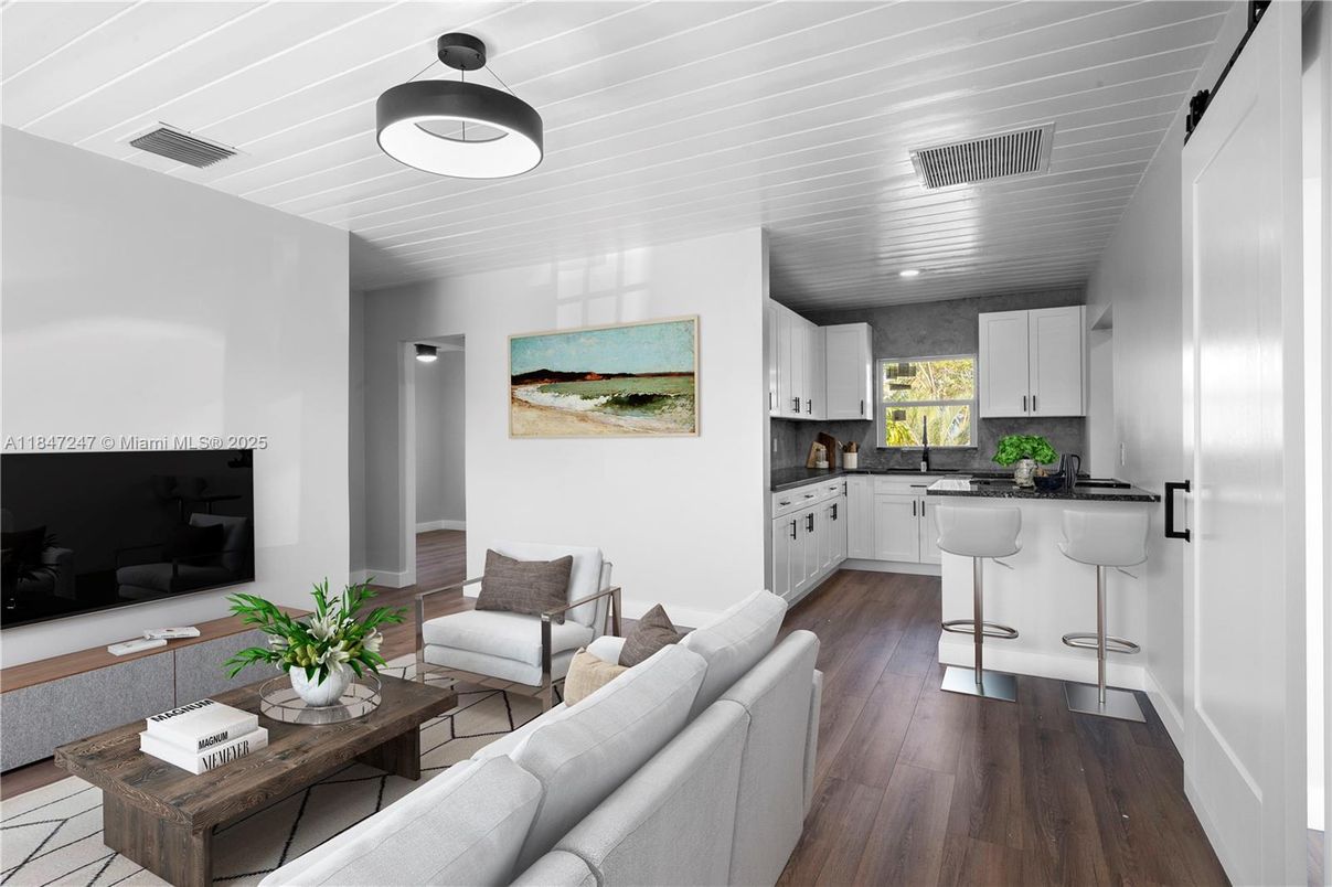 Interior, Kitchen, Living room, Recessed Lighting, Wood Texture Flooring