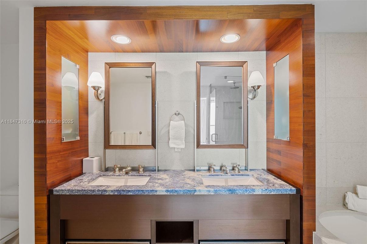 Bathroom, Dual Sink Vanities, Interior, Recessed Lighting, Wooden Ceilings