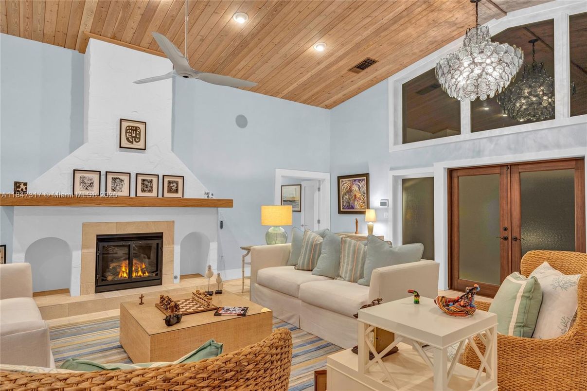 Chandelier, Fireplace, Interior, Living room, Recessed Lighting, Wooden Ceilings