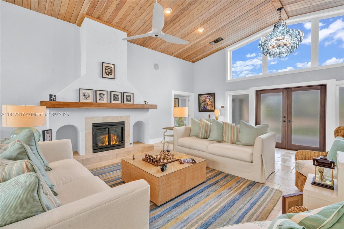 Fireplace, Interior, Living room, Pendant Lights, Recessed Lighting, Wooden Ceilings