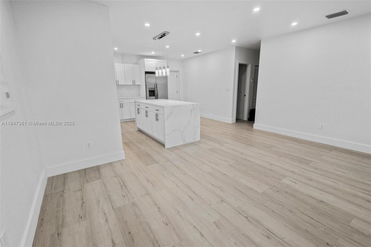 Empty room, Interior, Kitchen, Pendant Lights, Recessed Lighting, Wood Texture Flooring