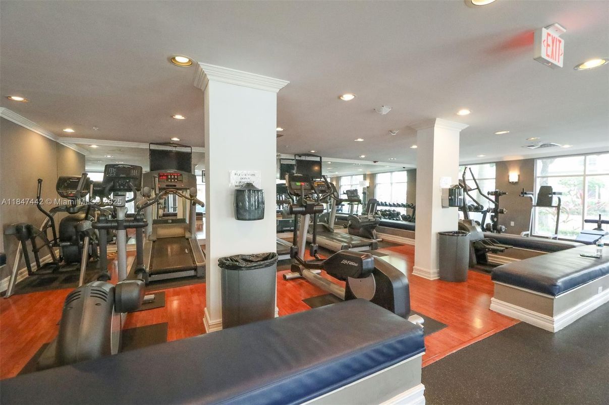 Fitness Equipment, Gym, Interior, Recessed Lighting, Wood Texture Flooring