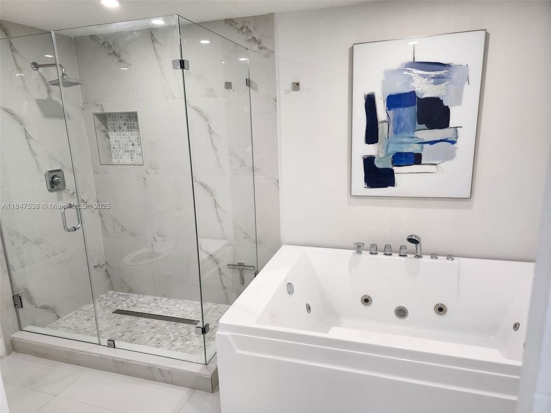 Bathroom, Glass Shower, Interior, Marble Walls, Recessed Lighting