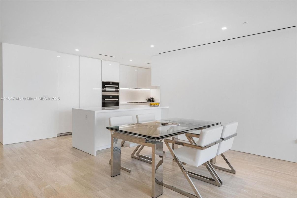 Dining room, Interior, Kitchen, Recessed Lighting, Stainless Steel Appliances, Wood Texture Flooring