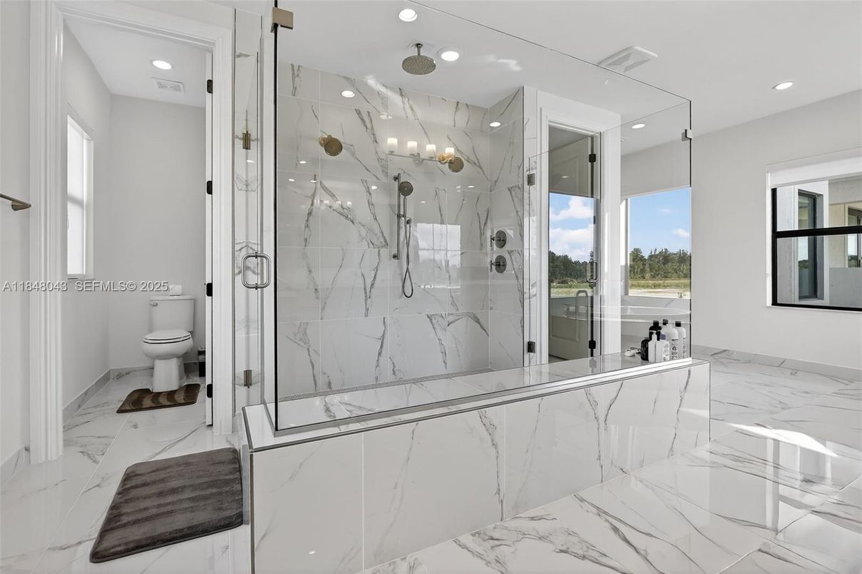 Bathroom, Glass Shower, Interior, Marble, Marble Walls, Recessed Lighting