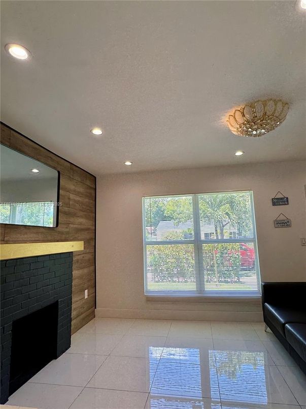 Empty room, Fireplace, Interior, Recessed Lighting, Wooden Walls