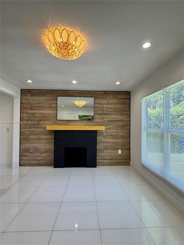 Empty room, Fireplace, Interior, Recessed Lighting, Wooden Walls