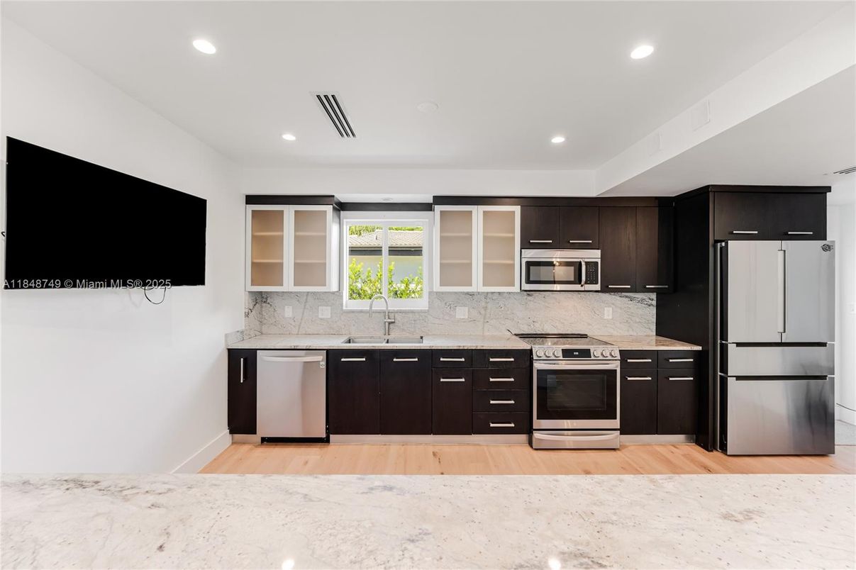 Interior, Kitchen, Recessed Lighting, Stainless Steel Appliances, Wood Texture Flooring