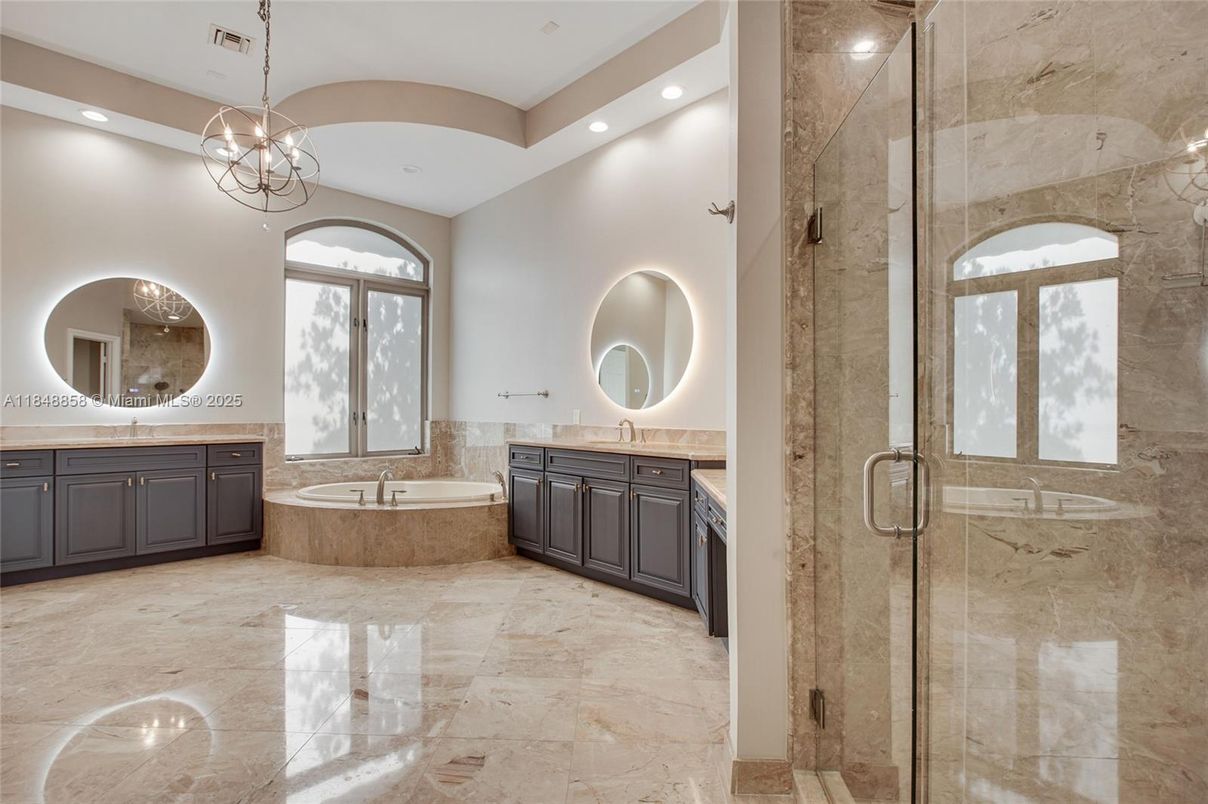 Bathroom, Dual Sink Vanities, Glass Shower, Interior, Pendant Lights, Recessed Lighting