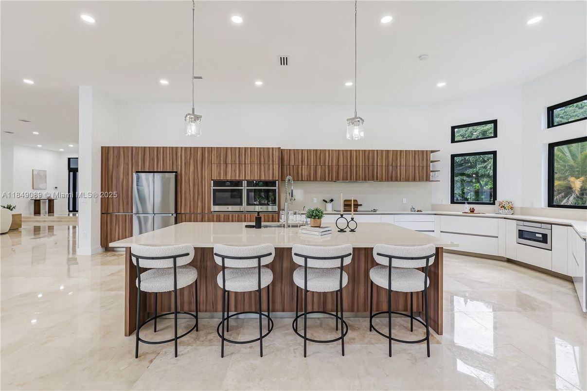 Interior, Kitchen, Marble, Pendant Lights, Recessed Lighting, Stainless Steel Appliances