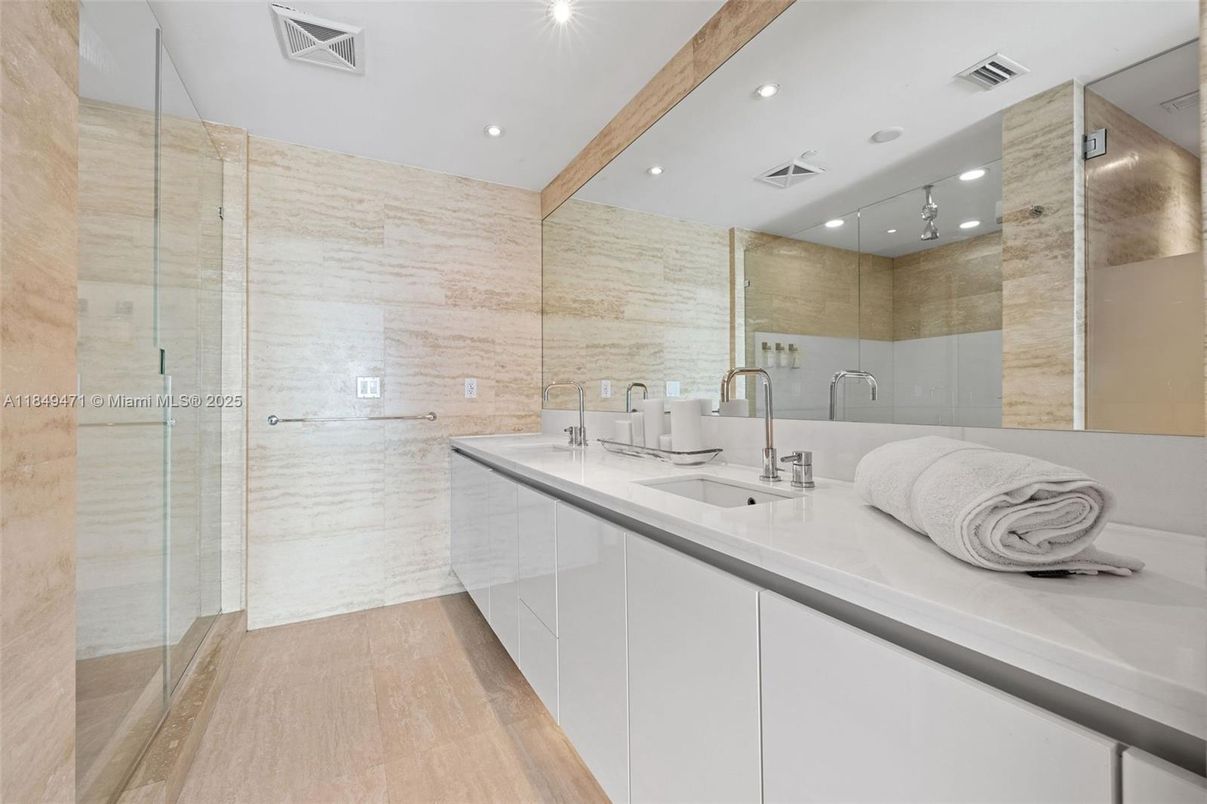 Bathroom, Dual Sink Vanities, Glass Shower, Interior, Recessed Lighting, Wooden Beams, Wood Texture Flooring