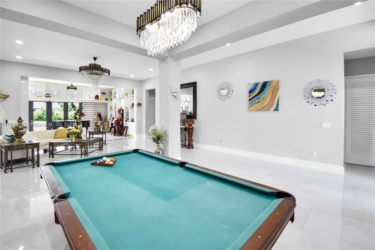 Billiard Table, Chandelier, Game Room, Interior, Living room, Recessed Lighting
