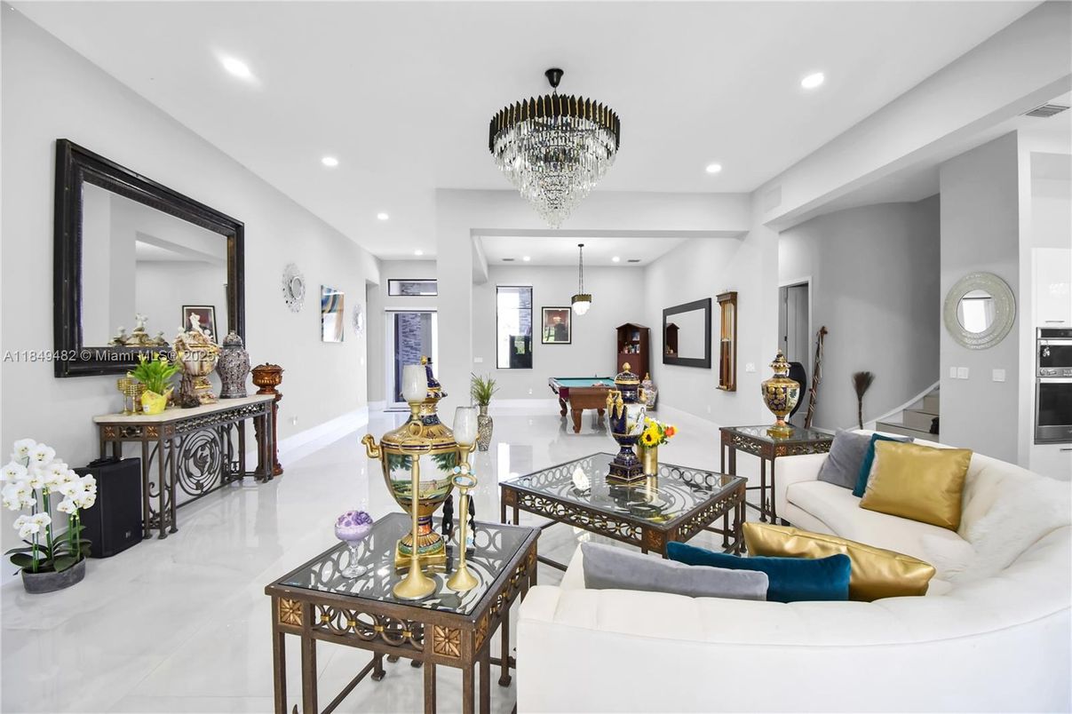 Billiard Table, Chandelier, Game Room, Interior, Living room, Pendant Lights, Recessed Lighting