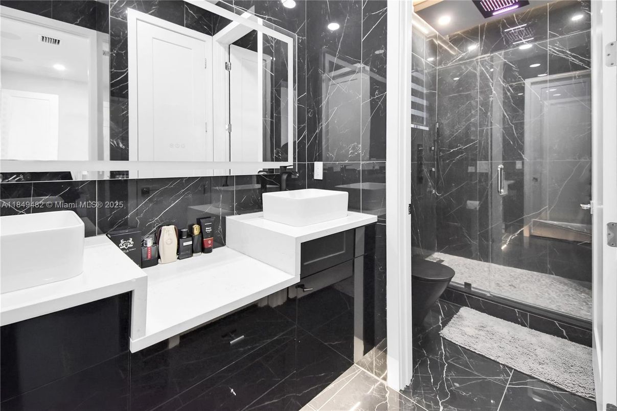 Bathroom, Glass Shower, Interior, Marble, Marble Walls, Recessed Lighting