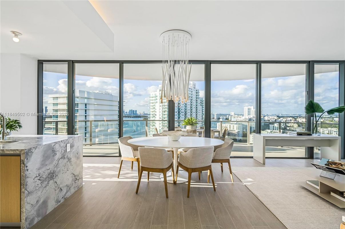 Dining room, Interior, Pendant Lights, Water, Wood Texture Flooring