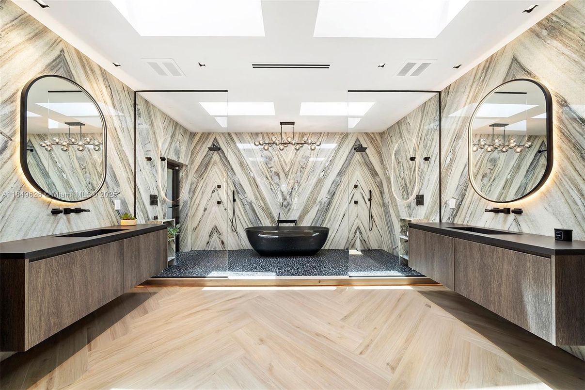Bathroom, Dual Sink Vanities, Interior, Recessed Lighting, Wood Texture Flooring