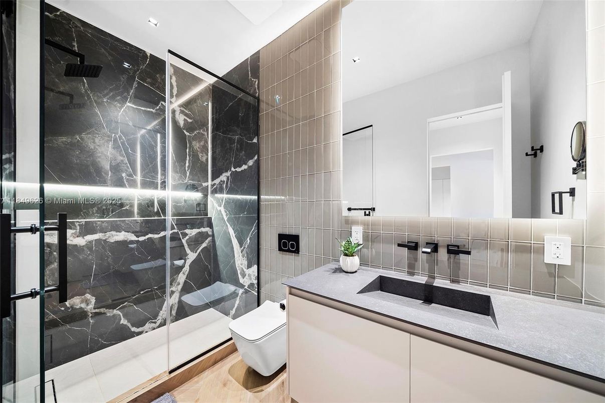 Bathroom, Glass Shower, Interior, Marble Walls, Recessed Lighting