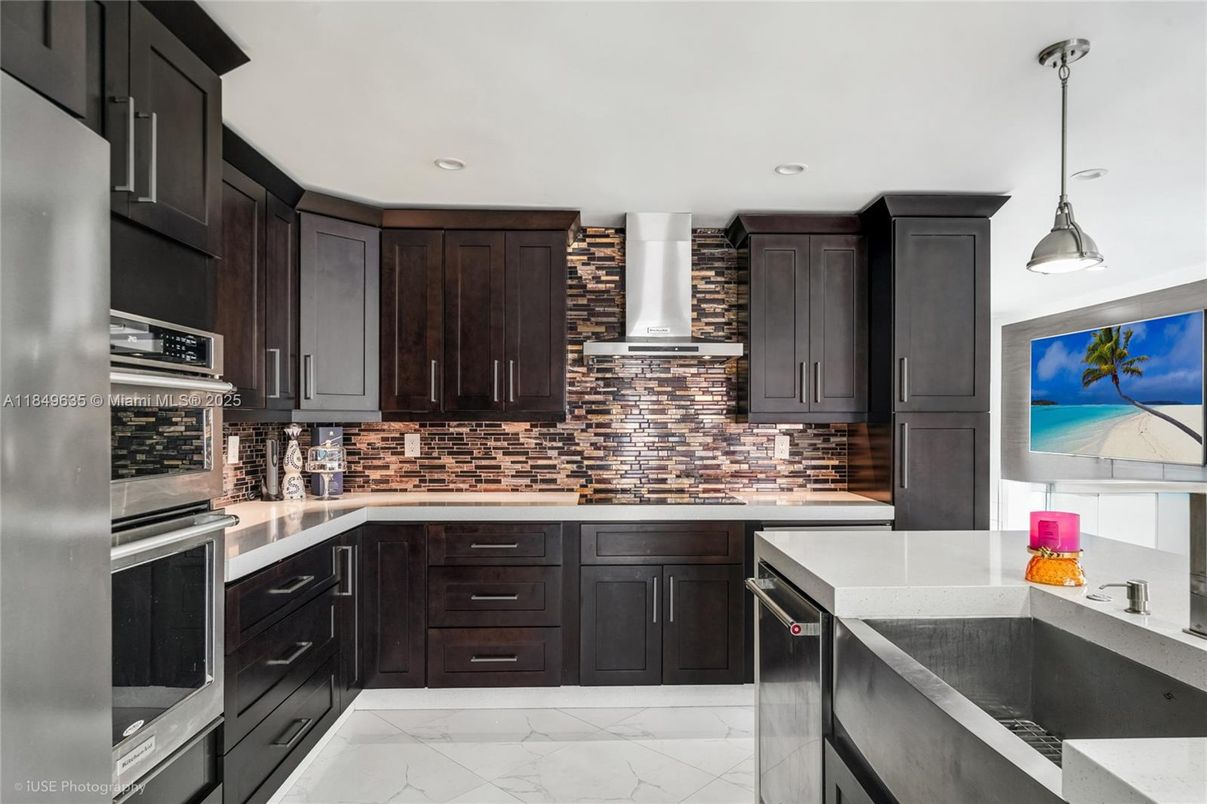 Interior, Kitchen, Marble, Pendant Lights, Recessed Lighting, Stainless Steel Appliances