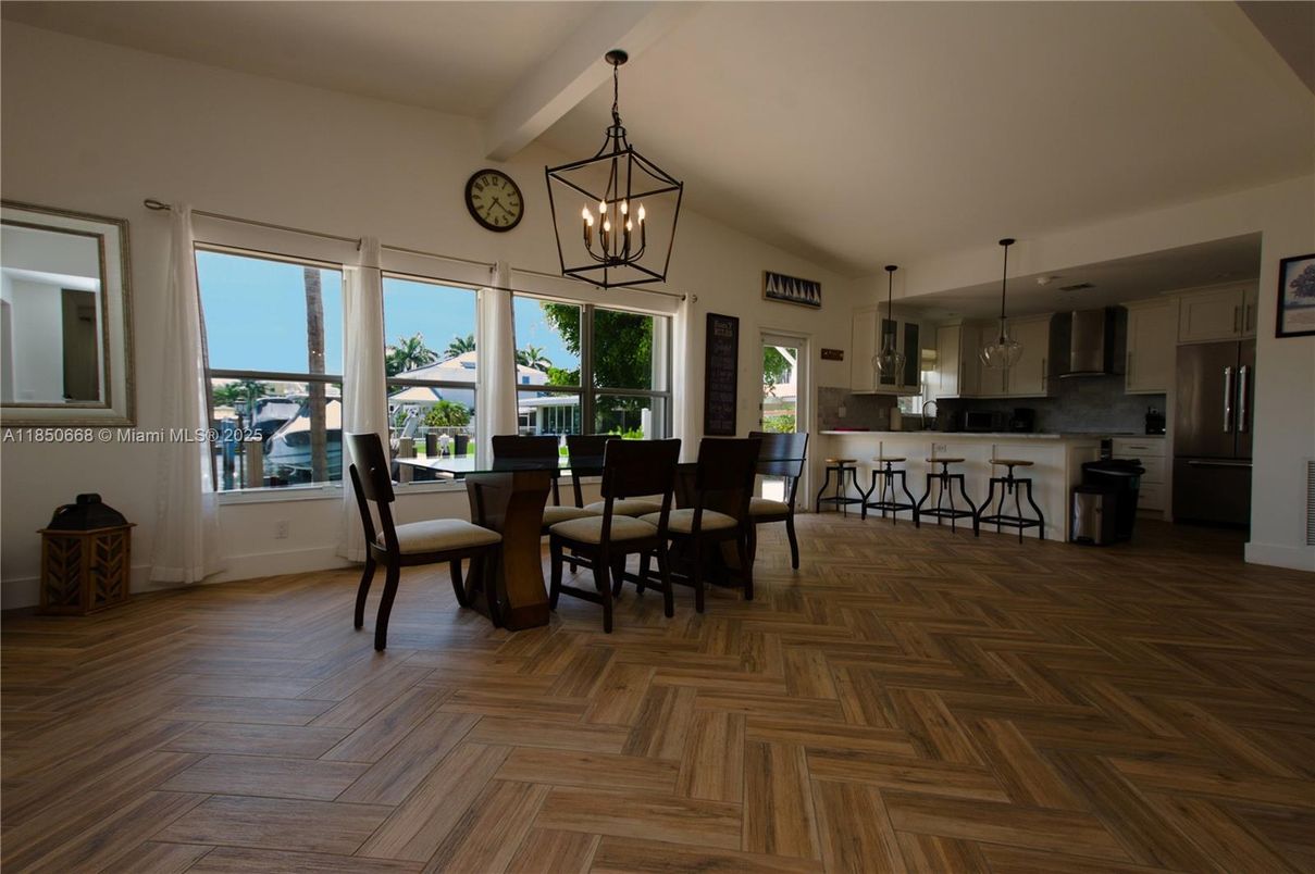 Dining room, Interior, Kitchen, Pendant Lights, Wood Texture Flooring