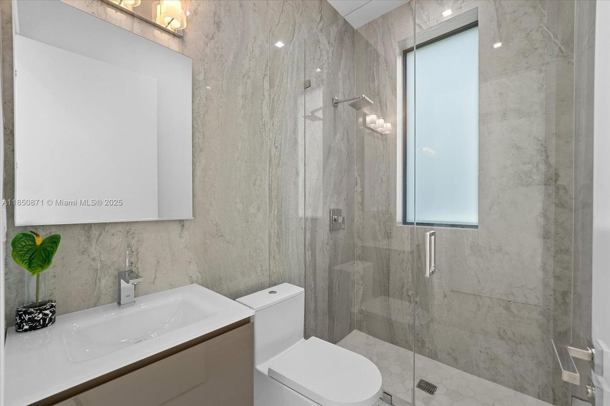 Bathroom, Glass Shower, Interior, Marble Walls, Recessed Lighting