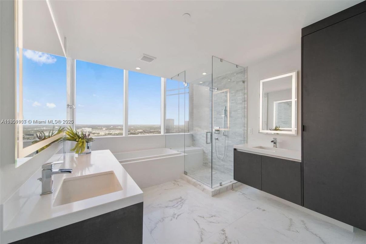 Bathroom, Dual Sink Vanities, Glass Shower, Interior, Marble, Recessed Lighting, Water