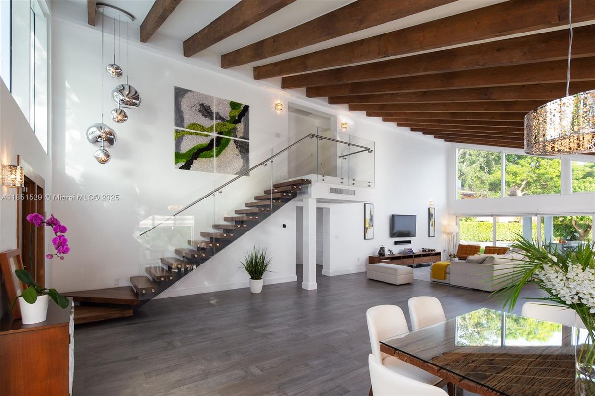 Interior, Living room, Pendant Lights, Wooden Beams, Wood Texture Flooring