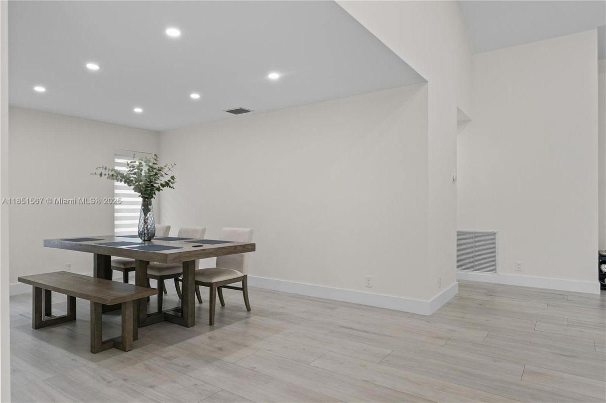 Dining room, Interior, Recessed Lighting, Wood Texture Flooring