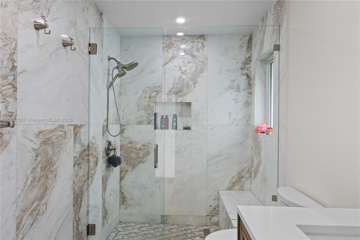 Bathroom, Glass Shower, Interior, Marble Walls, Recessed Lighting
