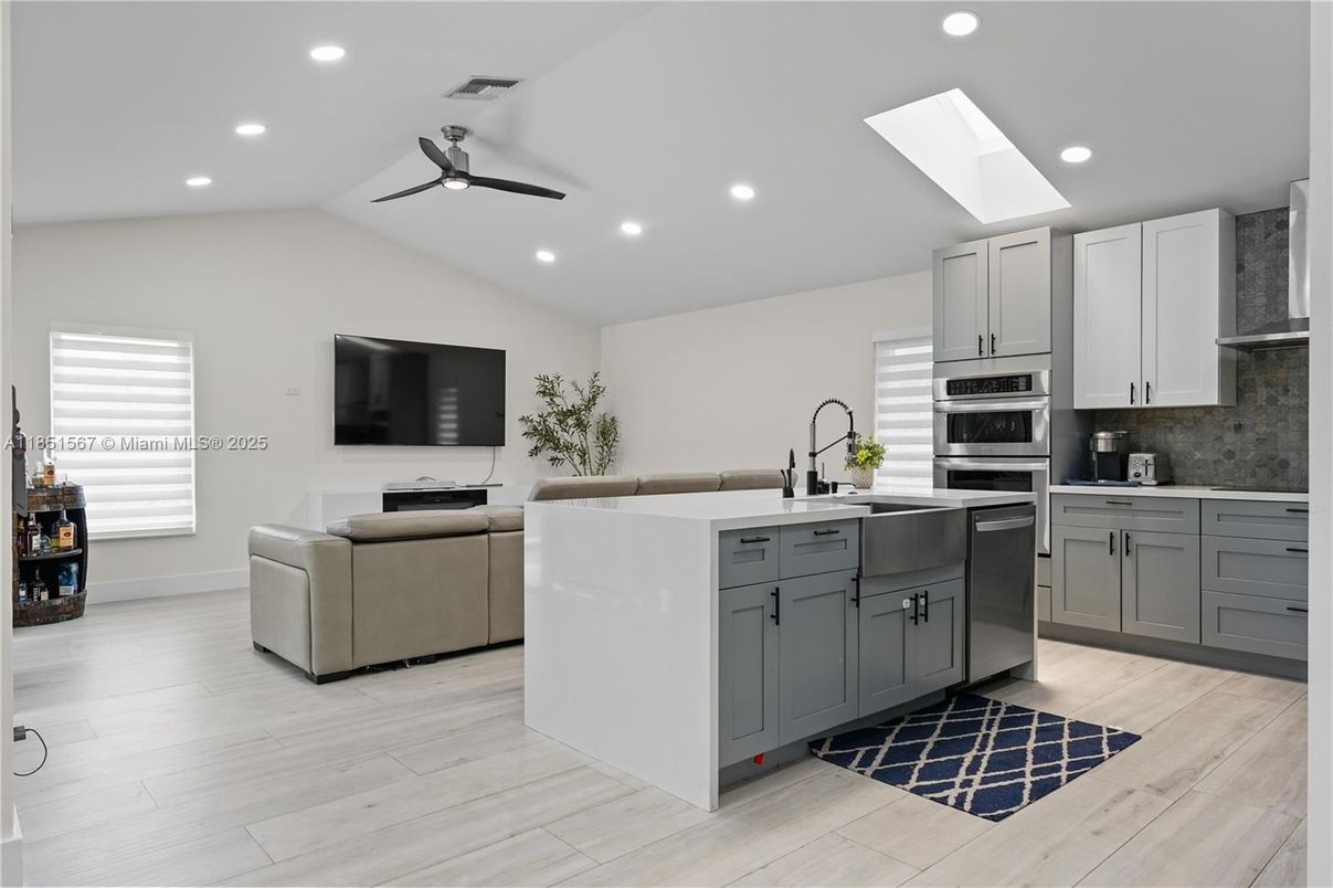 Interior, Kitchen, Living room, Recessed Lighting, Stainless Steel Appliances, Wood Texture Flooring