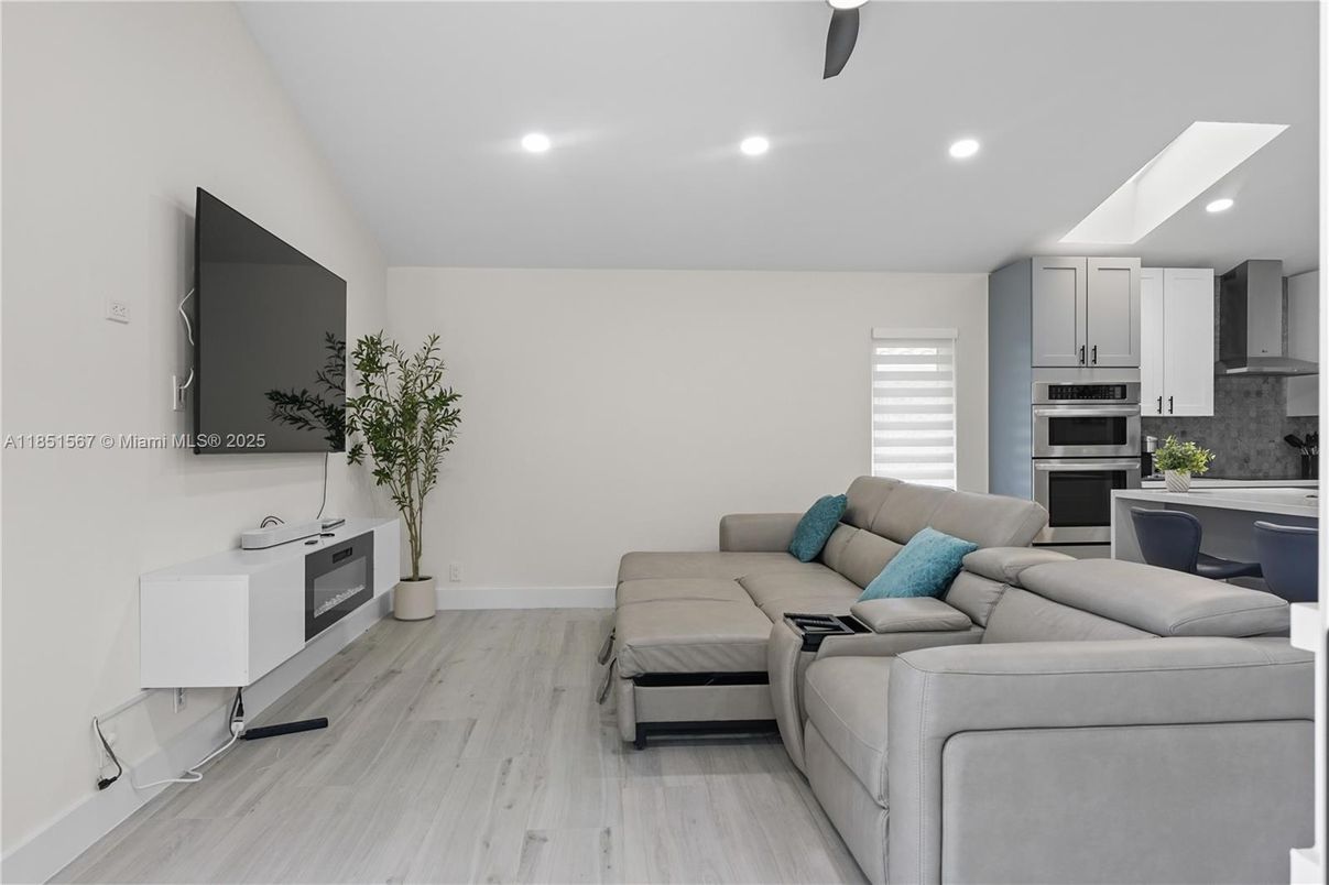 Interior, Kitchen, Living room, Recessed Lighting, Stainless Steel Appliances, Wood Texture Flooring