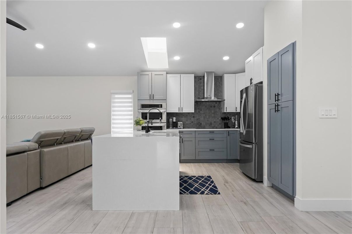 Interior, Kitchen, Living room, Recessed Lighting, Stainless Steel Appliances, Wood Texture Flooring