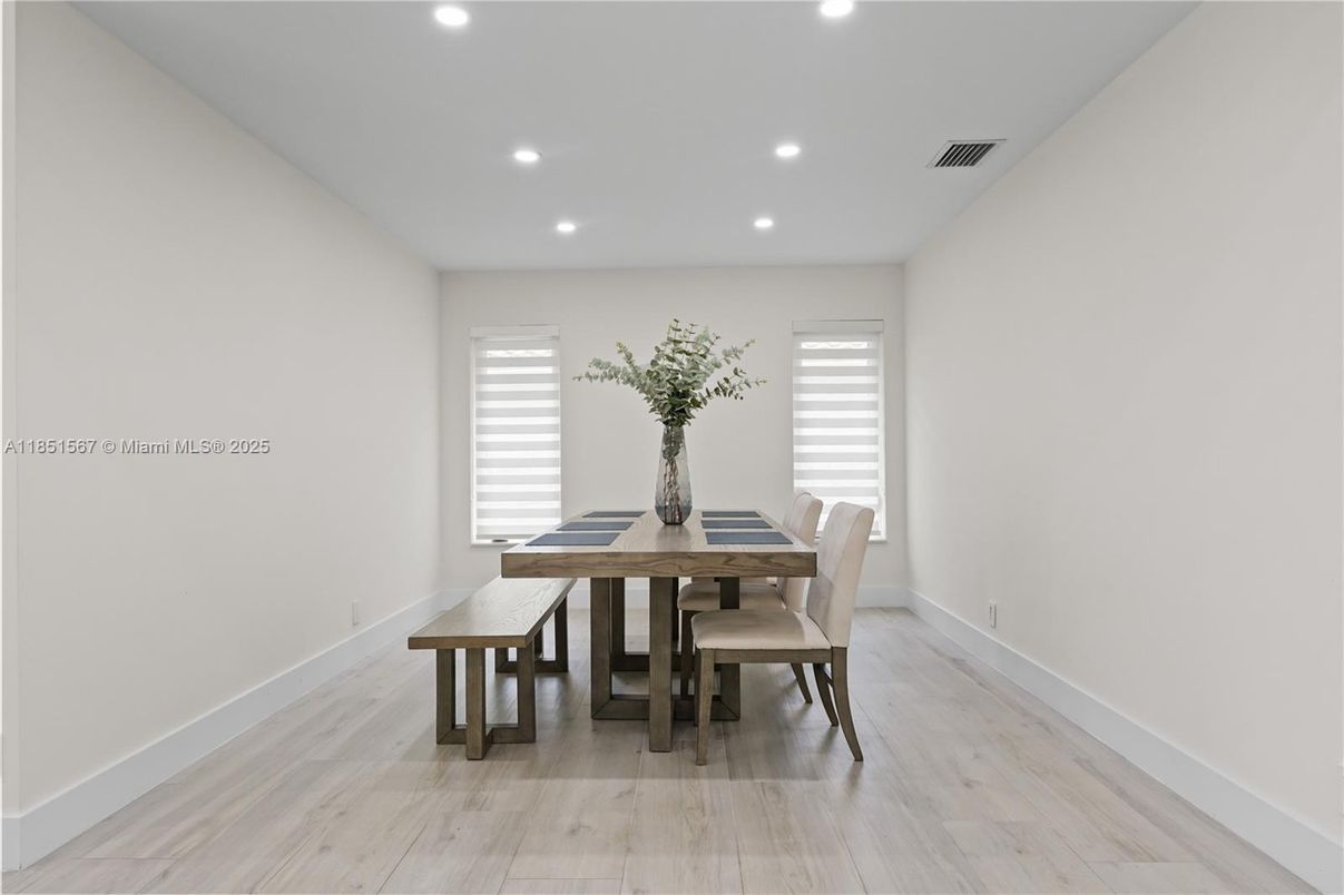 Dining room, Interior, Recessed Lighting, Wood Texture Flooring