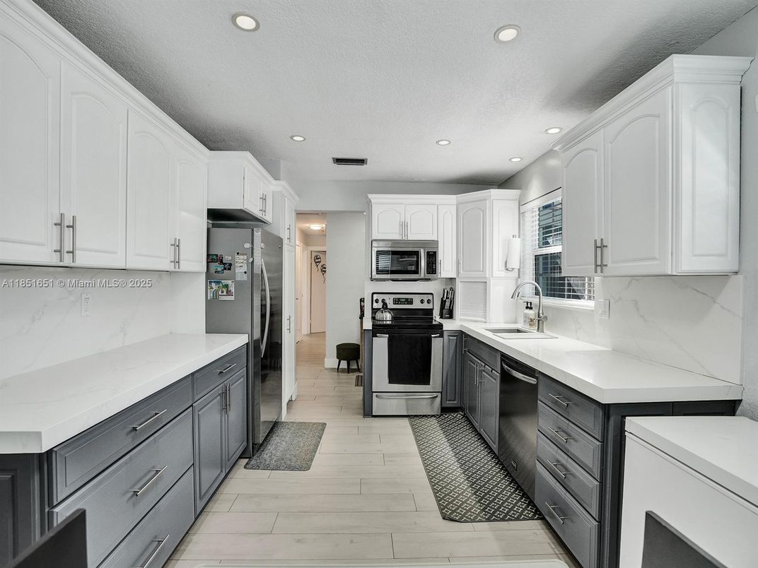 Interior, Kitchen, Recessed Lighting, Stainless Steel Appliances, Wood Texture Flooring
