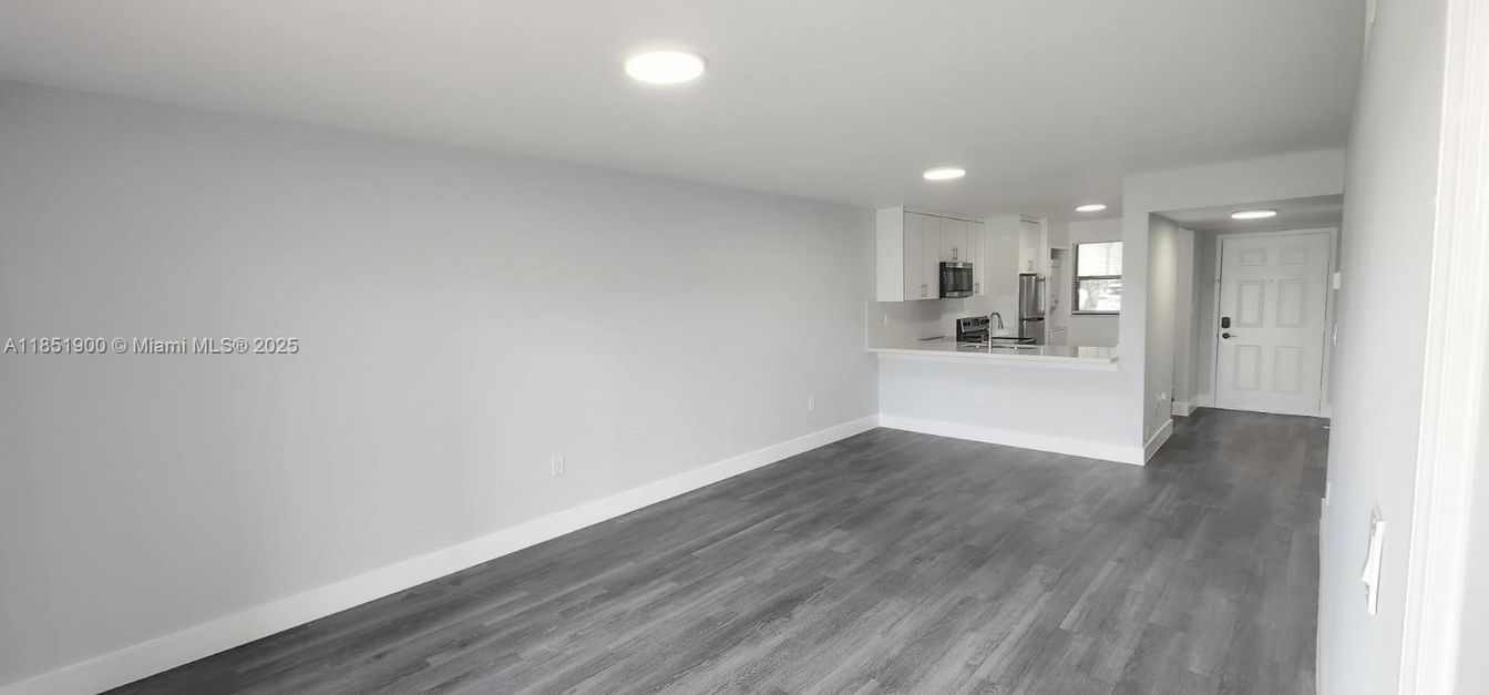 Empty room, Interior, Kitchen, Recessed Lighting, Wood Texture Flooring