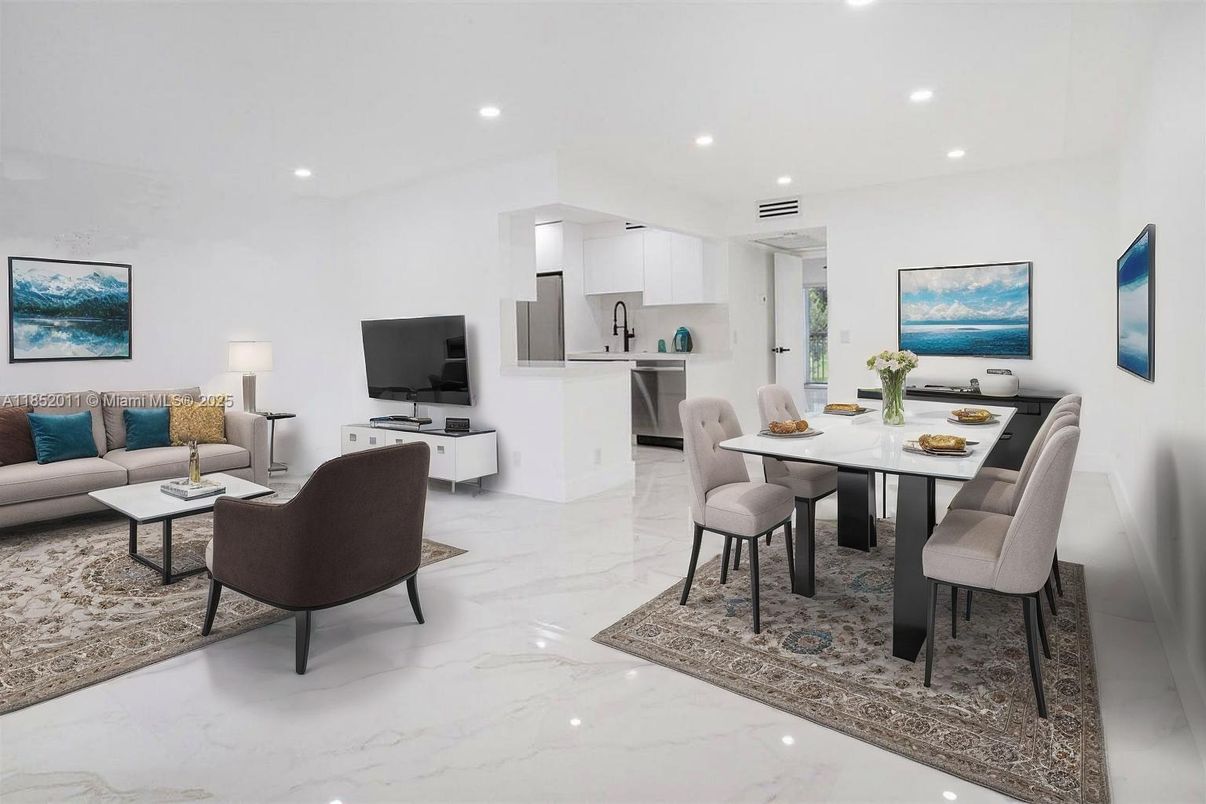 Dining room, Interior, Kitchen, Living room, Marble, Recessed Lighting, Stainless Steel Appliances