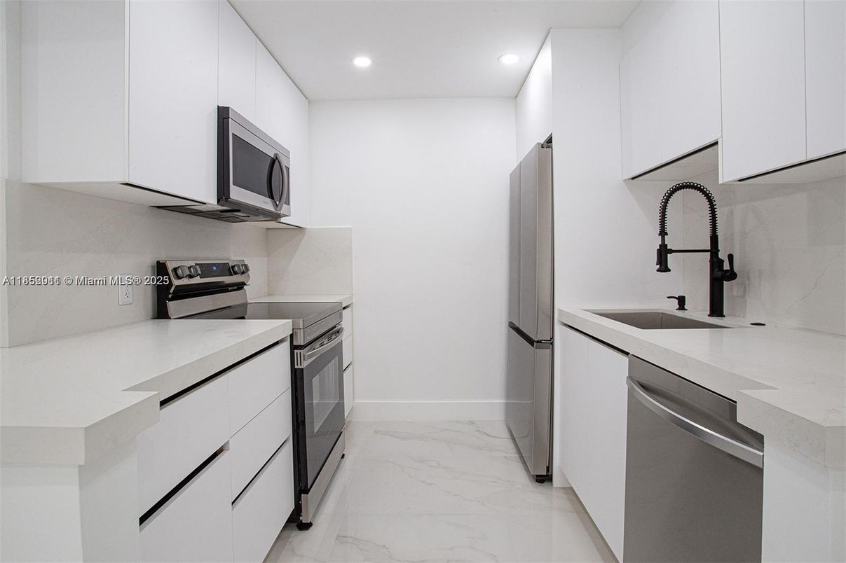Interior, Kitchen, Marble, Recessed Lighting, Stainless Steel Appliances