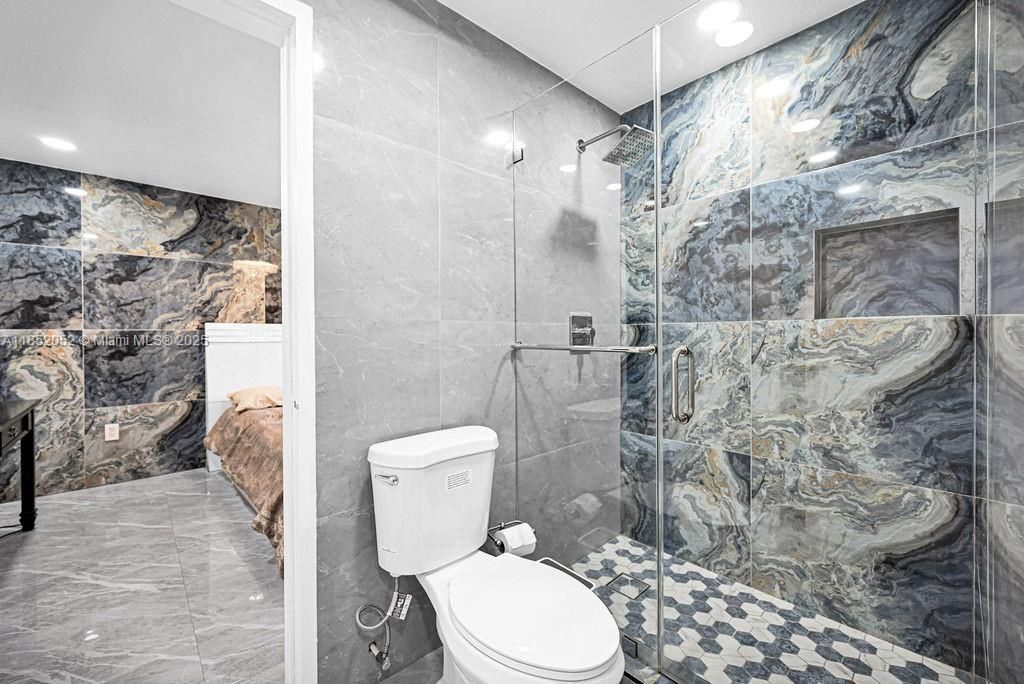 Bathroom, Glass Shower, Interior, Marble Walls, Recessed Lighting