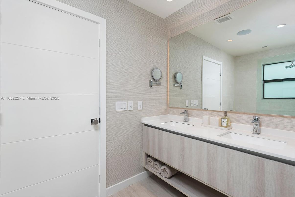 Bathroom, Dual Sink Vanities, Interior, Recessed Lighting, Wood Texture Flooring