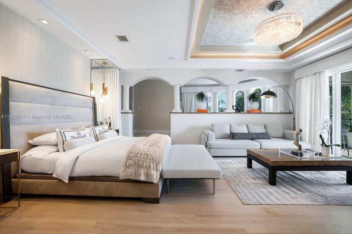 Bedroom, Chandelier, Interior, Pendant Lights, Recessed Lighting, Wood Texture Flooring