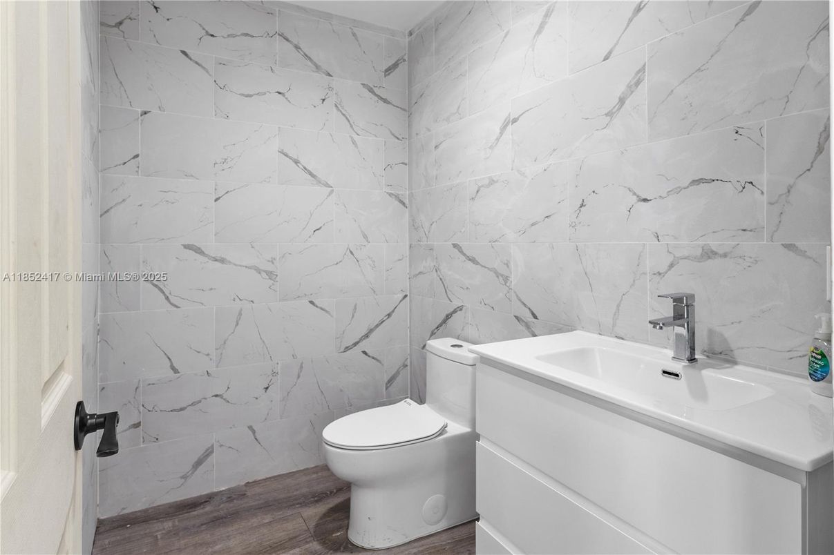 Bathroom, Interior, Marble Walls, Wood Texture Flooring