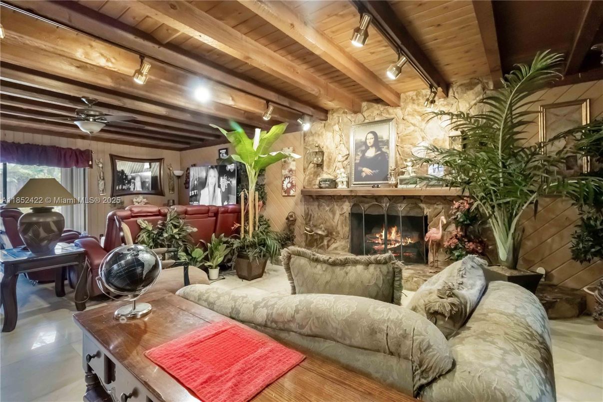 Dining room, Fireplace, Interior, Living room, Recessed Lighting, Stone Walls, Wooden Beams, Wooden Ceilings