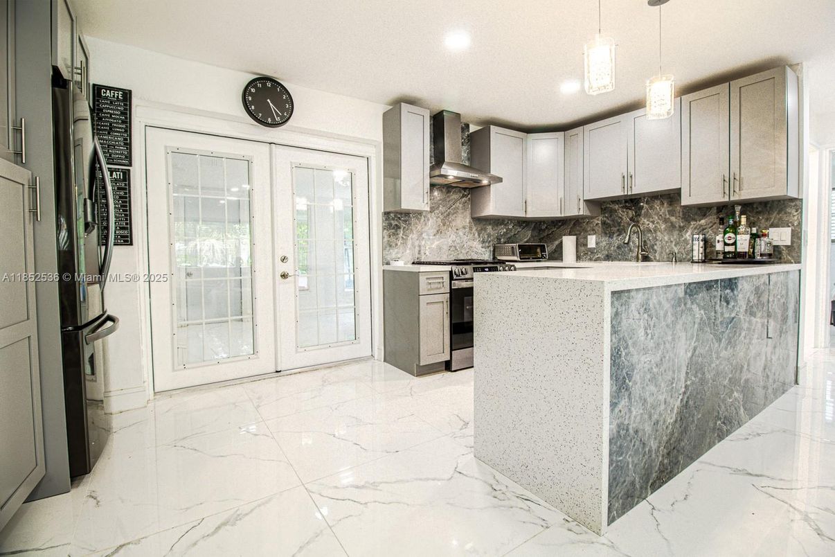 Interior, Kitchen, Marble, Pendant Lights, Recessed Lighting, Stainless Steel Appliances