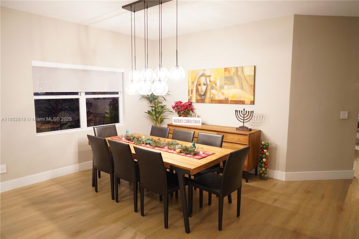 Dining room, Interior, Pendant Lights, Wood Texture Flooring