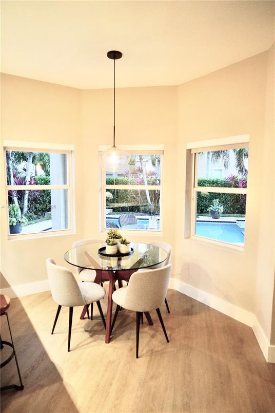 Dining room, Interior, Pendant Lights, Wood Texture Flooring